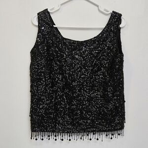 Vintage Sz Small Hand Beaded 100% Wool Boat Neck Whimsical Black Sequin Blouse